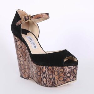 Jimmy Choo Black and Tan Animal Print Wedges